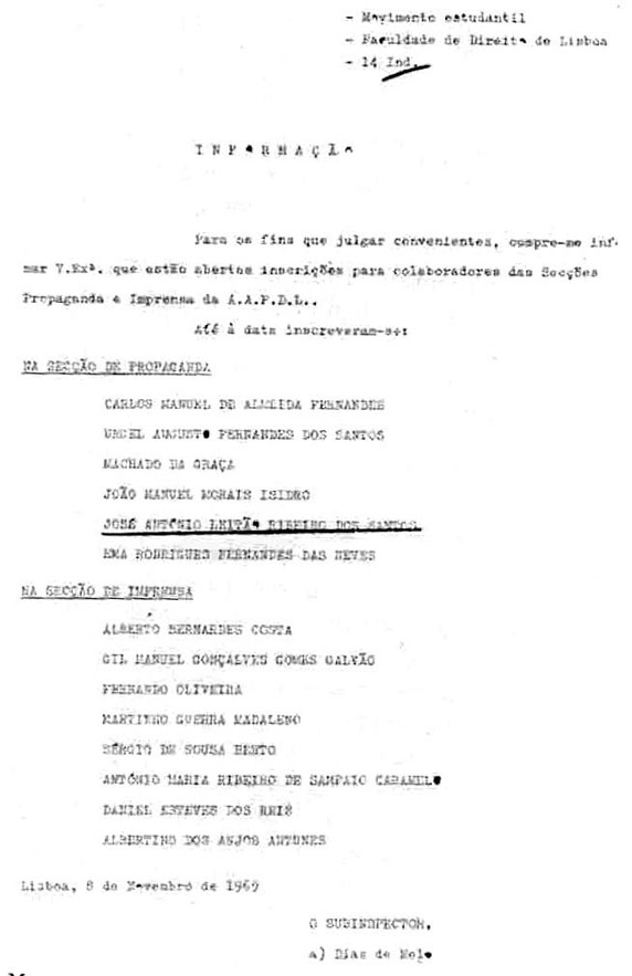 “Informação” do inspector da PIDE Dias de Melo, escrita em 1969