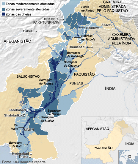 Mapa das zonas inundadas do Paquistão