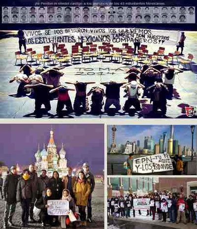 Protestos em solidariedade com Ayotzinapa em Santiago (Chile), Moscovo (Rússia), Xangai (China) e Innsbruck (Áustria)